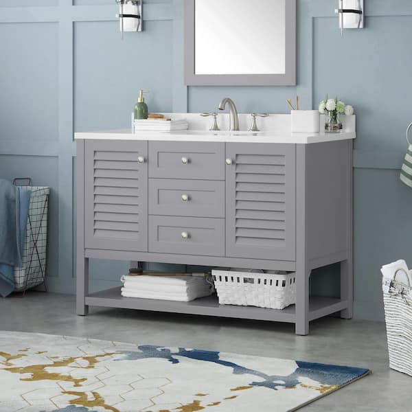Home Decorators Collection Grace 48 In W X 22 D Bath Vanity Pebble Grey With Cultured Marble Top White Basin 48pg The Depot - Home Depot Bathroom Vanities With Tops 48 Inch