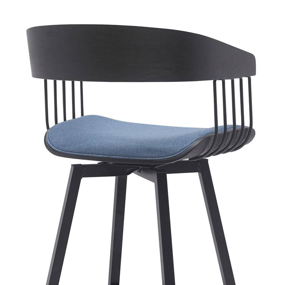 Athena 27" Swivel Black Wood Counter Stool with Blue Fabric and Black Metal