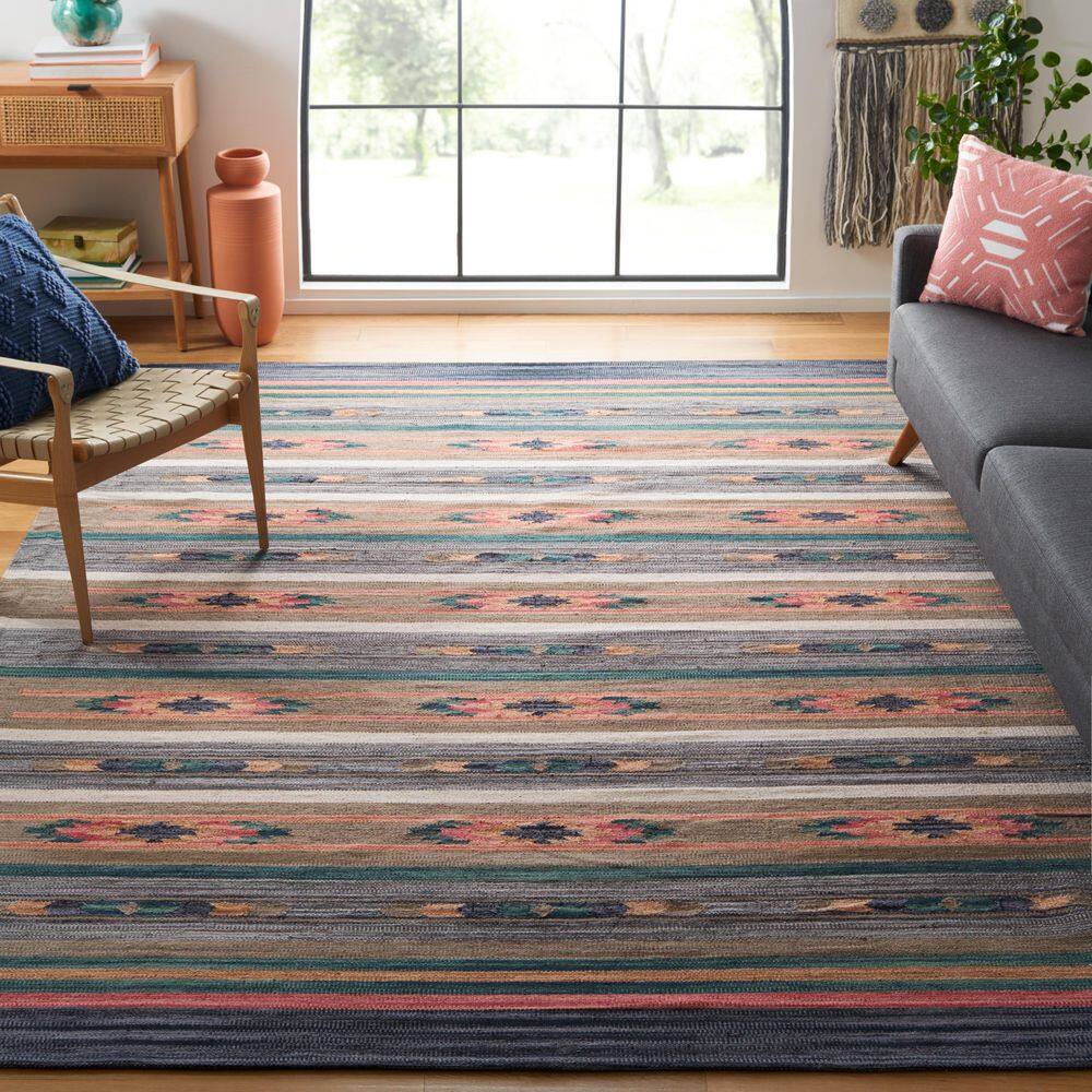 Hand-Woven Geometric Gray Cotton Kilim 8' x 10' Area Rug
