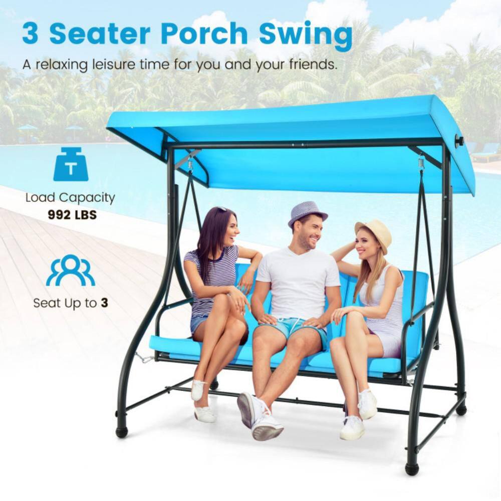 Sky Blue 3-Seat Outdoor Swing with Adjustable Canopy