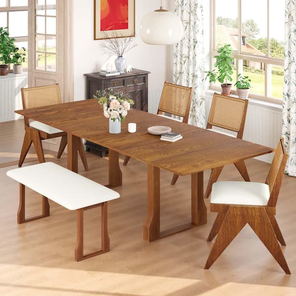Zeus & Ruta 6-Piece Patio Furniture Walnut Wood Outdoor Dining Table Set with 4-Dining Chairs, Long Bench, Beige Cushions