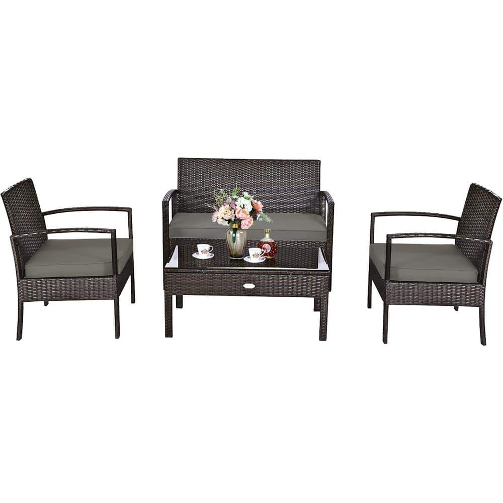 4-Piece Wicker Steel Patio Conversation Set with Gray Cushions price history on PriceWatchPro