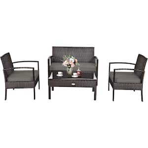 4-Piece Wicker Steel Patio Conversation Set with Gray Cushions