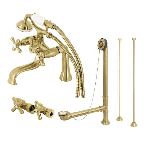 Kingston Brass Vintage 3-Handle Deck Mount Claw Foot Tub Faucet with Supply Line and Drain in Brushed Brass