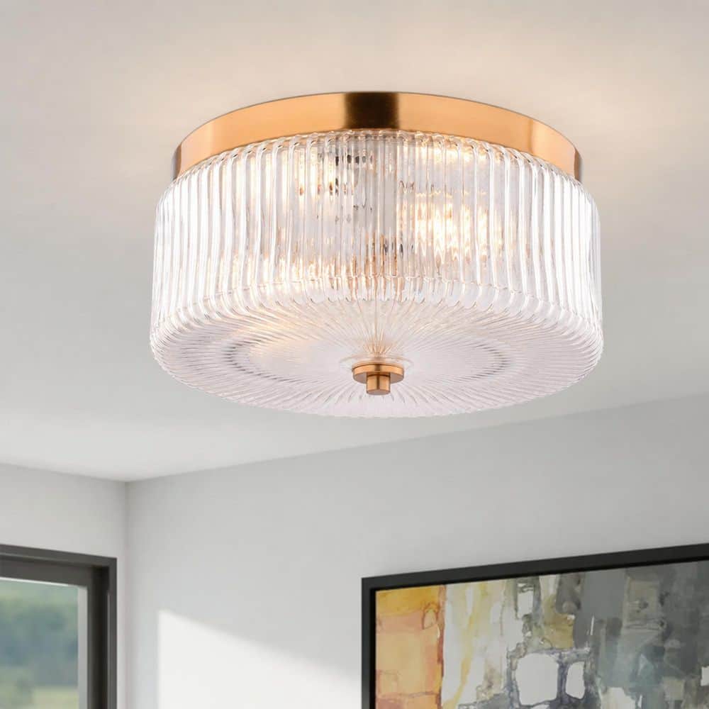 Riverside 11.75 in. Traditional Drum Satin Muted Brass Flush Mount Ceiling Light for Bedroom, Clear Ribbed Glass Shade price history on PriceWatchPro