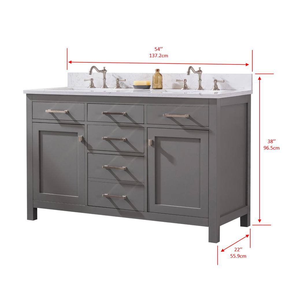 Gray and White 54'' Double Freestanding Bathroom Vanity with Engineered Stone Top