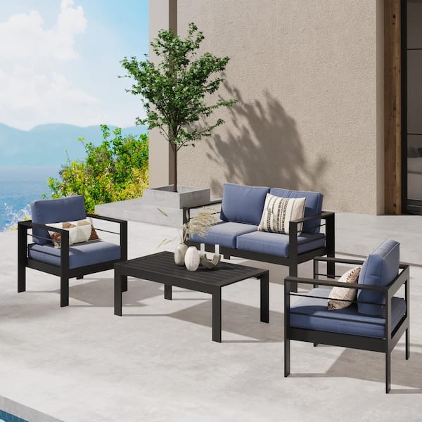 Tenleaf 2-Piece Black All-Weather Aluminum Outdoor Couch with Blue Cushions