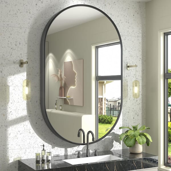 30 in. W x 48 in. H Oval Aluminum Alloy Framed French Cleat Mounted Wall Decor Bathroom Vanity Mirror in Matte Black