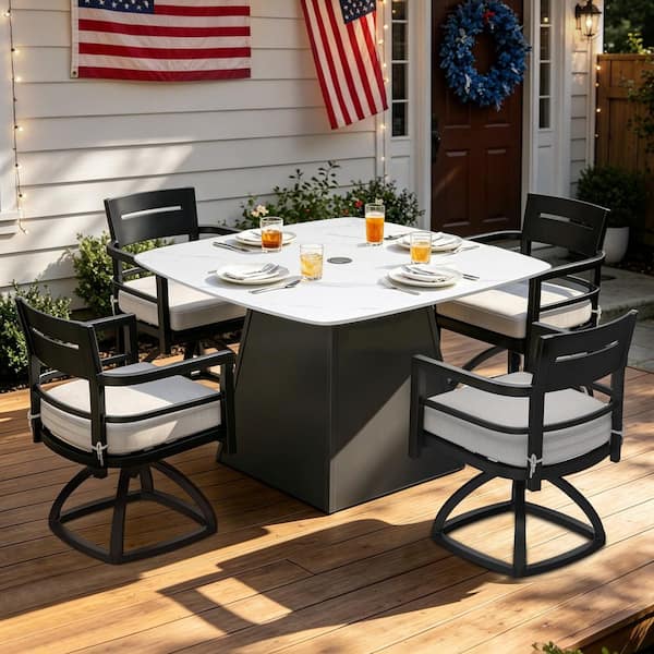 Cavallo White 5-Piece Aluminum Rounded Square Outdoor Dining Set with Sunbrella Cast Silver Cushions and 4 Swivel Rocker