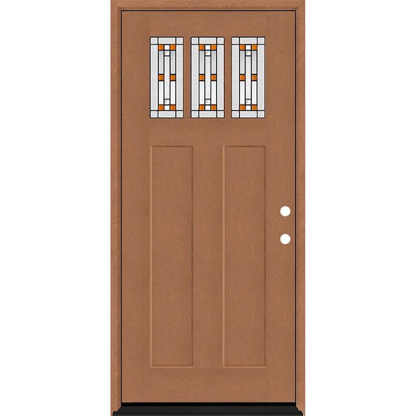 Regency 36 in. x 80 in. 3-Lite Amberton Decorative Glass LHIS Autumn Wheat Stain Fir Grain Fiberglass Prehung Front Door