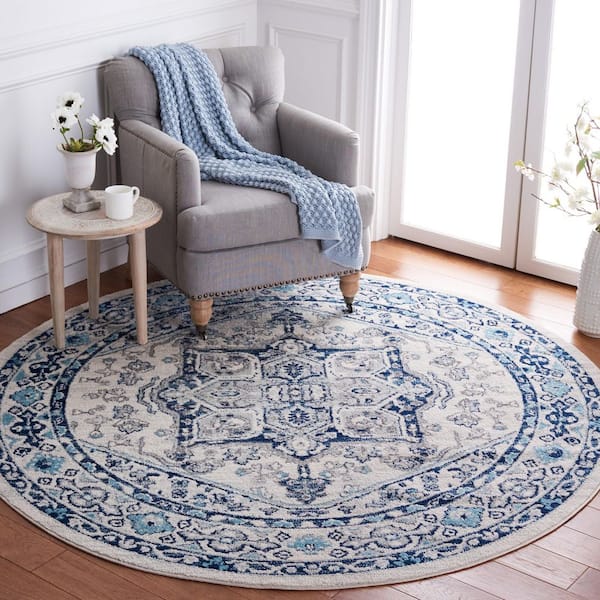 Tulum 7 ft. x 7 ft. Ivory/Blue Medallion Ornate Border Round Area Rug