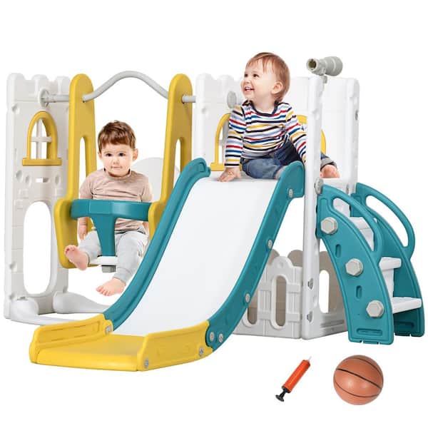 6 in 1 White Slide and Swing Playset with Basketball Hoop and Telescope