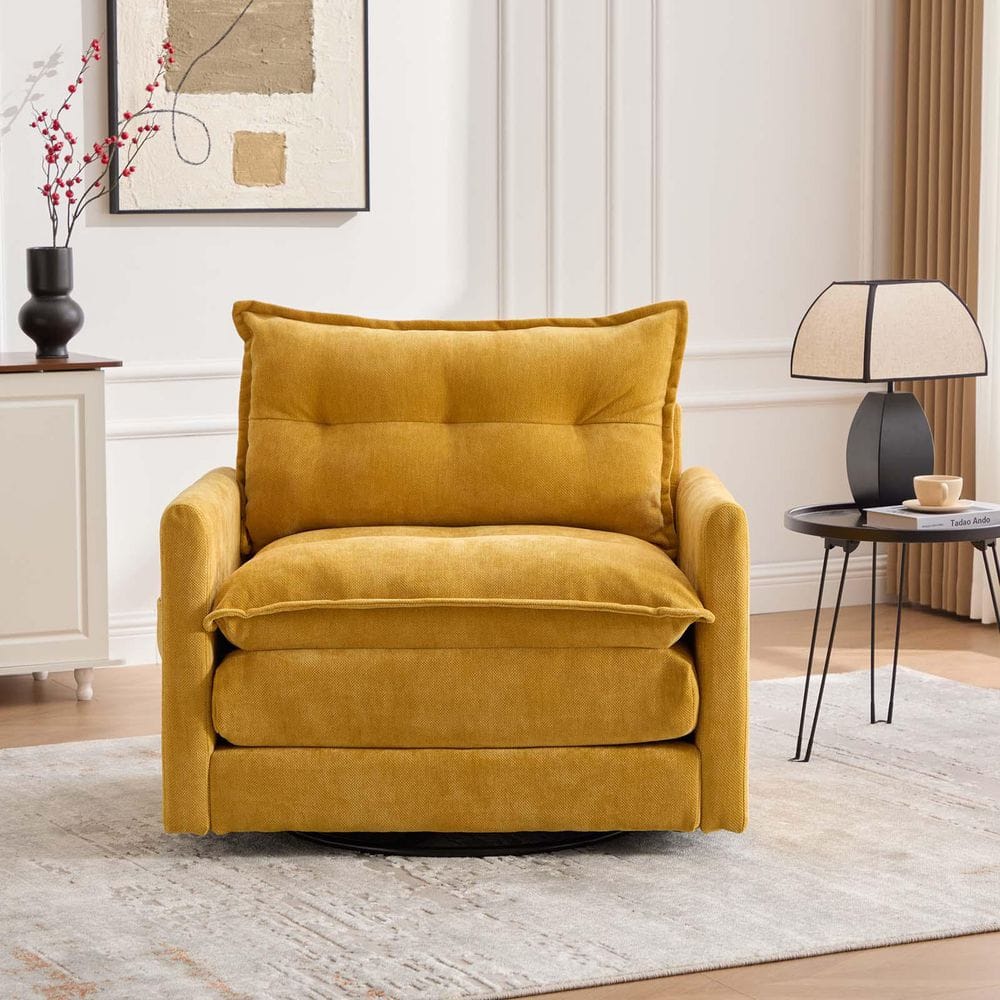 Mustard Yellow Chenille Mid Century Modern Swivel Chairs