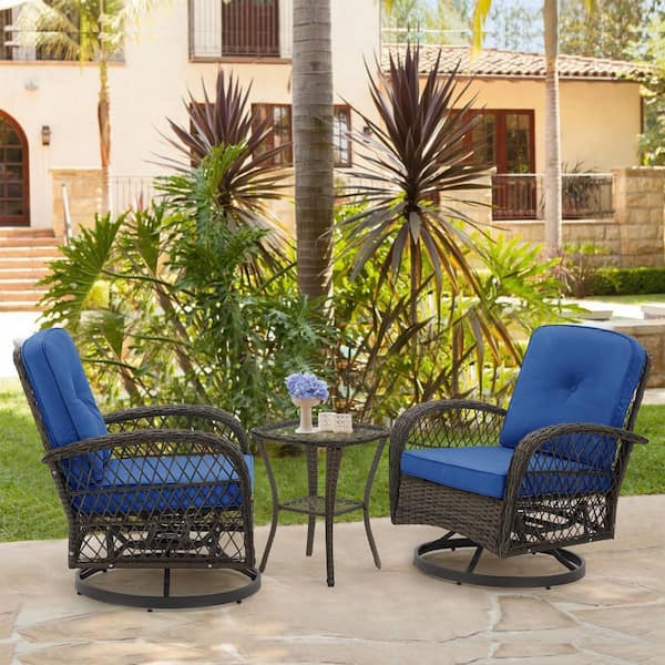 Phewnyzo 3-Piece Wicker 360° Swivel Patio Outdoor Rocking Chair with Side Table and Blue Cushions