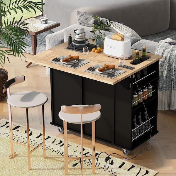 Oasis Black Wood 40 in. Kitchen Island with Drop Leaf and Rubber Wood, Open Storage and Wine Rack, 5 Wheels