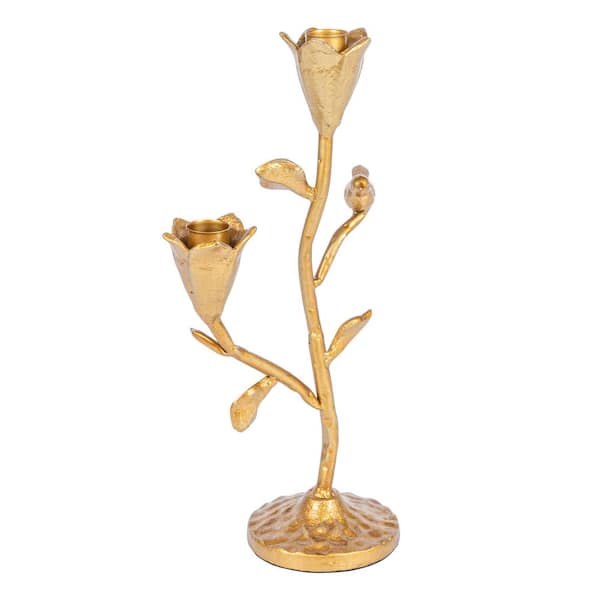 Tall Hand-Forged Cast Iron Candelabra Candle Holder with Flowers and Bird, Gold