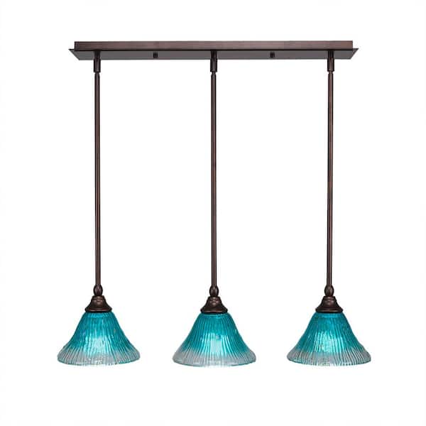 Unbranded Livingston 100-Watt 3 Light Dark Granite Linear Pendant Light with 7 in. Teal Crystal Glass Shades No Bulbs Included