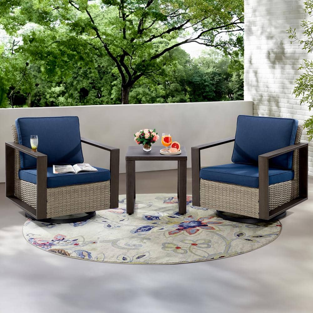 3-Piece Wicker Patio Conversation Set Outdoor Swivel Rocking Chairs Set with Metal Frame and Dark Blue Cushions price history on PriceWatchPro