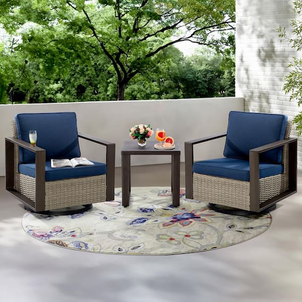 JOYSIDE 3-Piece Wicker Swivel Outdoor Rocking Chairs Patio Conversation Set with Metel Frame and Dark Blue Cushions