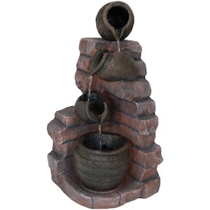27 in. Crumbling Bricks and Pots Solar Cascading Water Fountain with Battery Backup and LED Light
