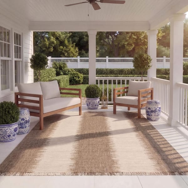 Courtyard Terracotta/Beige 8 ft. x 11 ft. Striped Abstract Indoor/Outdoor Area Rug