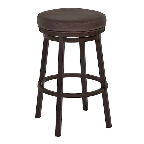 Armen Living Tilden 30 in. Bar Height Metal Swivel Backless Bar Stool in Ford Brown Faux Leather and Auburn Bay