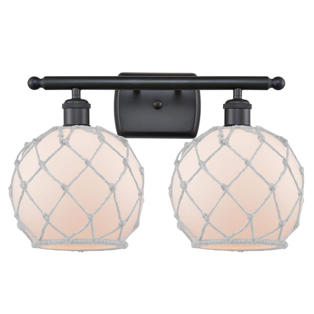 Innovations Farmhouse Rope 16 in. 2-Light Matte Black Vanity-Light with White Glass with White Rope Glass and Rope Shade