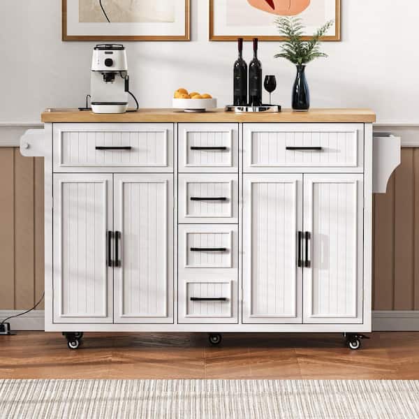 White Wood 56.5 in. Kitchen Island with Power Outlet and Drop Leaf