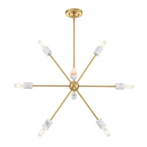 Star Dust 8-Light Brushed Gold with Natural Marble Accents Mid-Century Modern Sputnik Chandelier for Dining Rooms