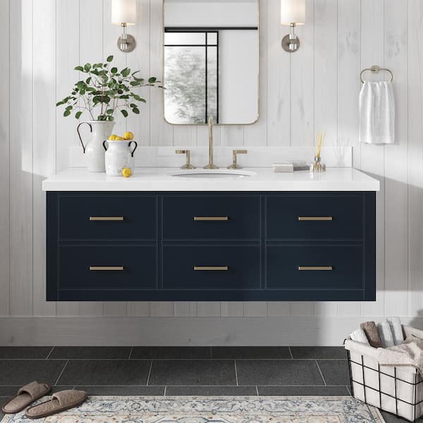 ARIEL Hutton 55 in. W x 22 in. D x 19.6 in. H Bath Vanity in Midnight Blue with Pure White Quartz Top