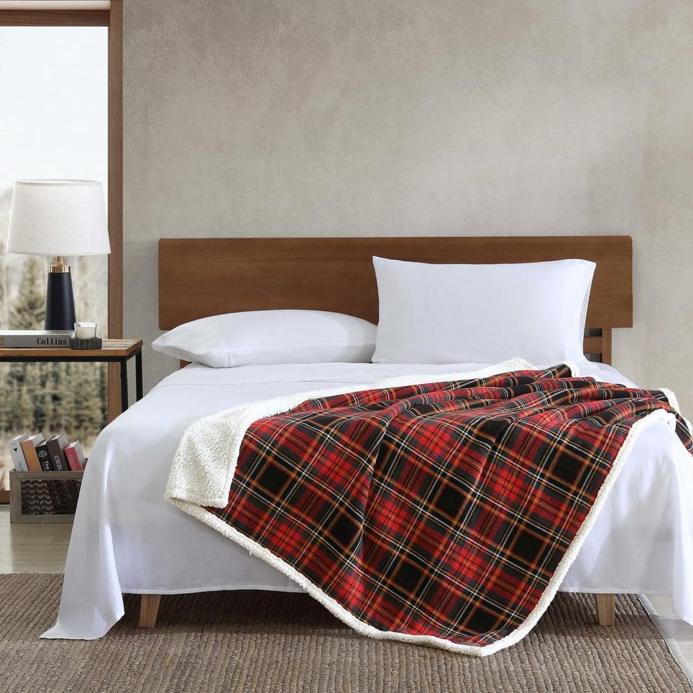 Mountain Tartan Red Cotton Flannel Sherpa Reversible Throw Blanket