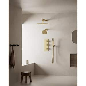 Thermostatic 5-Spray 12 x 6 in. Wall Mount Dual Shower Head and Handheld Shower in Brushed Gold (Valve Included)