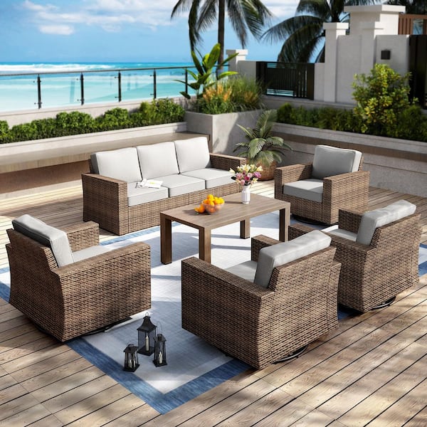 PHI VILLA Brown Rattan Wicker 6-Piece Outdoor Patio Conversation Set with 4 Swivel Rocking Chairs, Table, and Light Gray Cushions