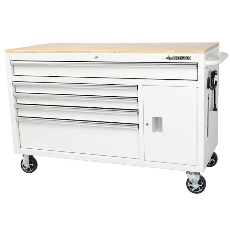 Husky 56 in. W x 25 in. D Standard Duty 5 Drawer 1 Door Mobile Workbench Cabinet with Solid Wood Top in Gloss White BrickSeek