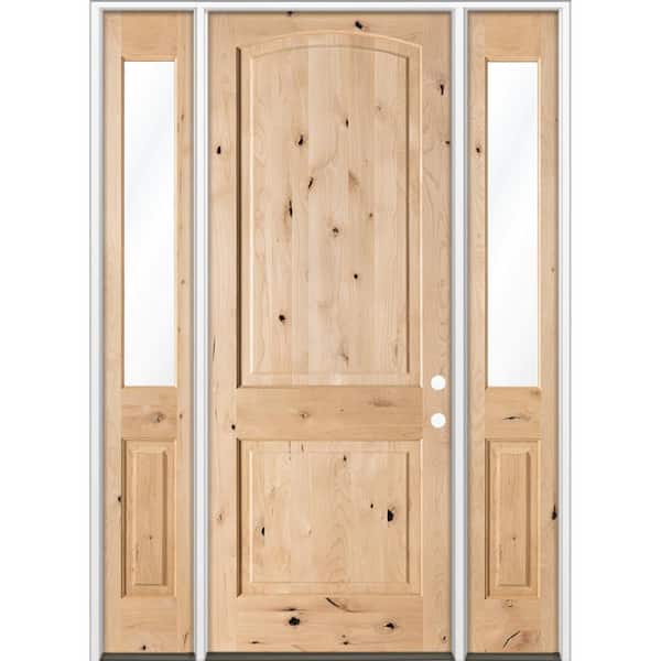 70 in. x 96 in. Knotty Alder 2-Panel Arch-Top Left-H and/Inswing Clear Glass Unfinished Wood Prehung Front Door W/DHSL