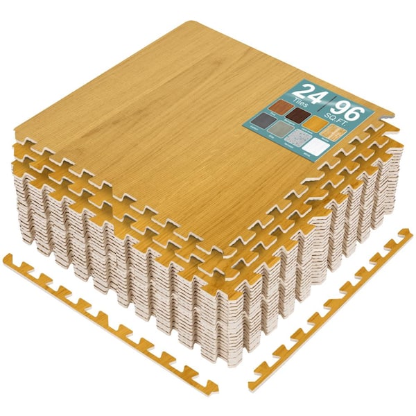 Golden Brown 24 in. W x 24 in. L x .38 in Thick Foam Gym Flooring Mat (96 sq. ft.), Wood Grain Floor Interlocking Tiles