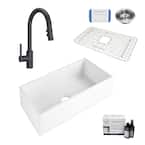Harper All-in-One Farmhouse Apron Front Fireclay 36 in. Single Bowl Kitchen Sink with Pfister Faucet in Matte Black