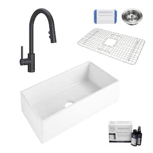 Harper All-in-One Farmhouse Apron Front Fireclay 36 in. Single Bowl Kitchen Sink with Pfister Faucet in Matte Black