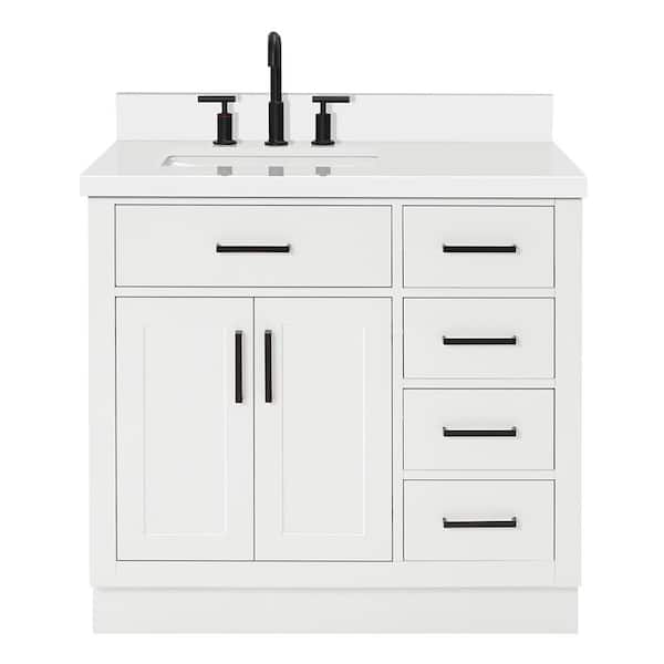 Hepburn 36 in. W x 22 in. D x 36 in. H Bath Vanity in White with White Pure Quartz Vanity Top with White Basin
