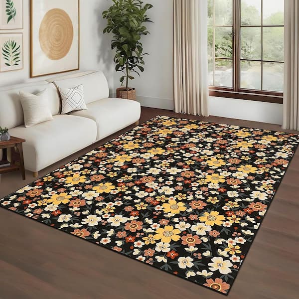 Black 8 ft. x 10 ft. ft. Farmhouse Color Floral Low Pile Non-Shedding for Living Room Bedroom Area Rug