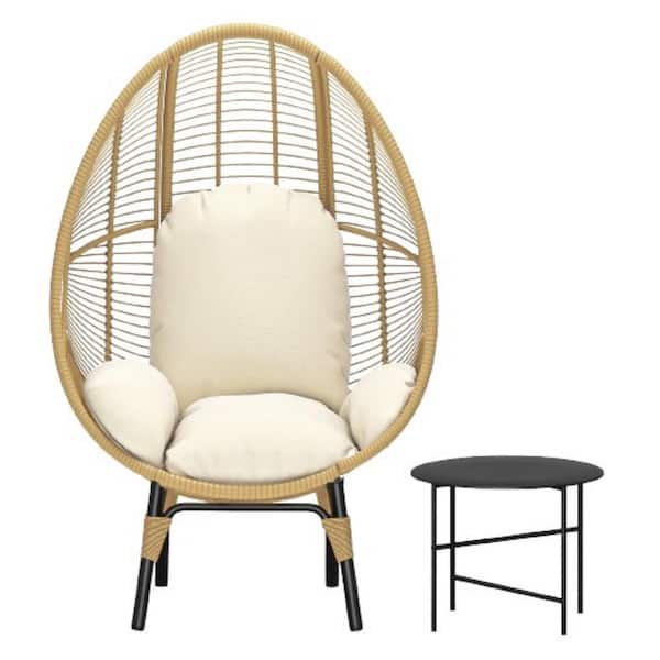 ITOPFOX Natural Color Patio Wicker Egg Outdoor Rattan Lounge Chair with Cushion Guard Beige Cushions and Side Table