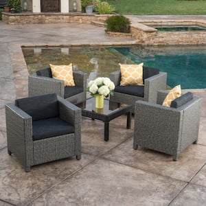 4-Piece Gray Wicker Outdoor Lounge Chair with Black Cushions