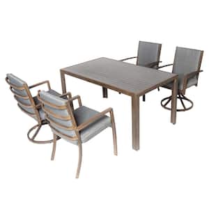 Patio Dining Set, 5-Piece Aluminum Outdoor Dining Set with Gray Cushion and 57 in. Table plus 2 Armchair, 2 Swivel Chair