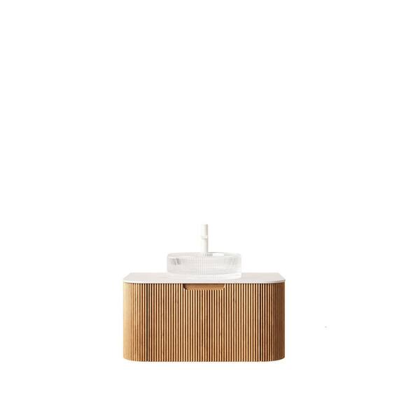 30 in. Wall-Mounted Natural Wood Bath Vanity with White Solid Surface Top Pre-Assembled