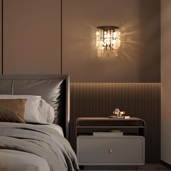 Modern 8 in. 1-Light Black Wall Sconce with Quartz and Clear Crystal Bead String Shade