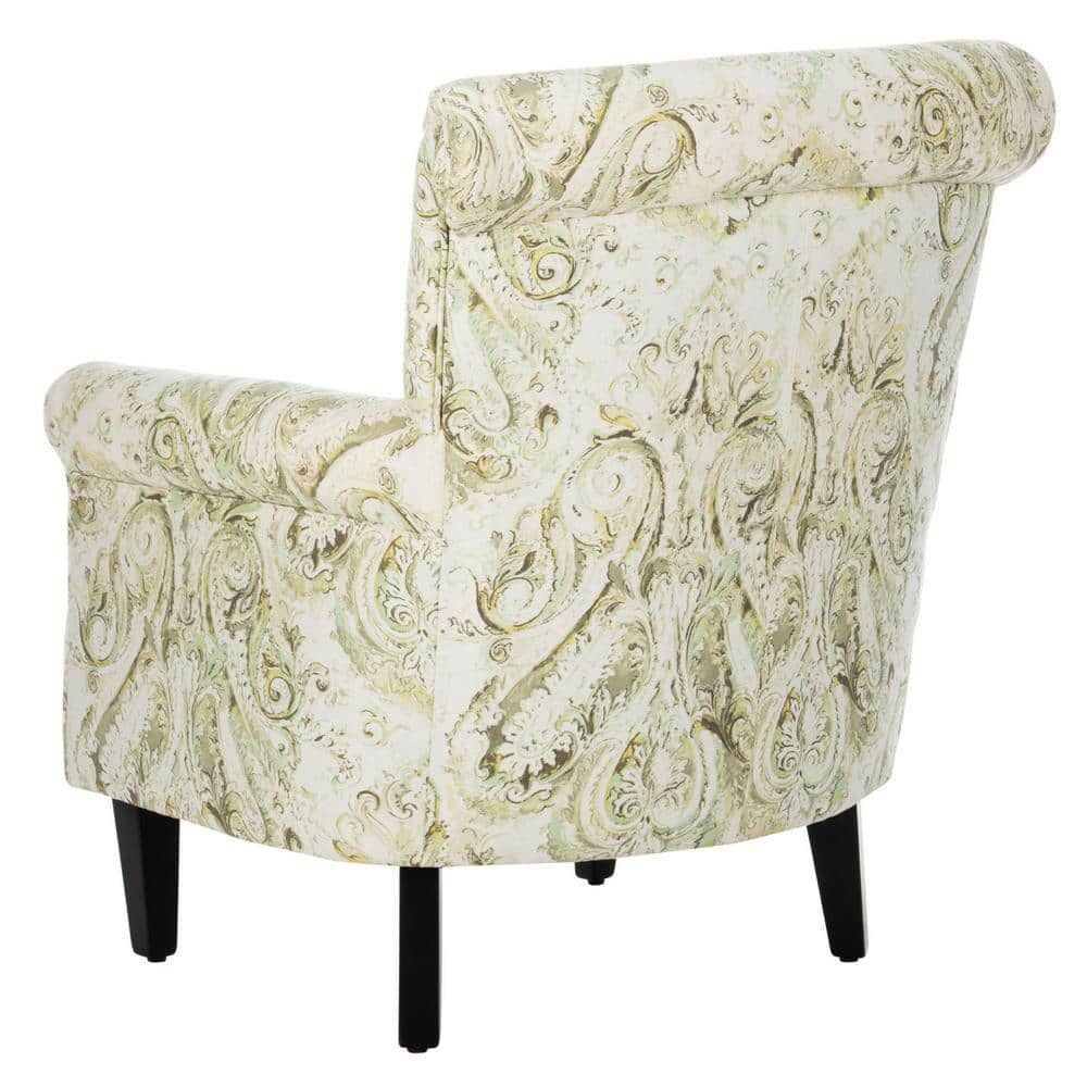 Contemporary Floral Green Linen-Blend Wood Accent Chair