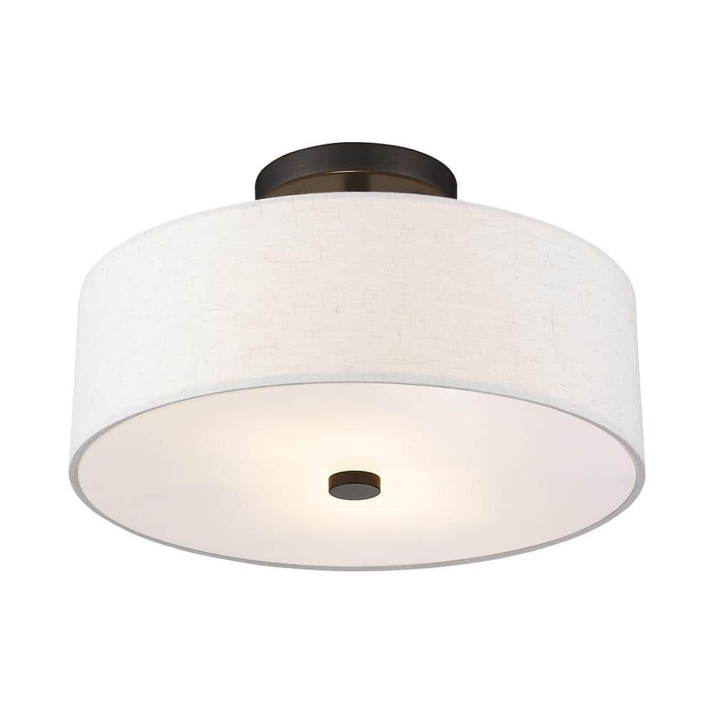 Meridian English Bronze 13" Drum Semi-Flush Mount with Oatmeal Fabric Shade