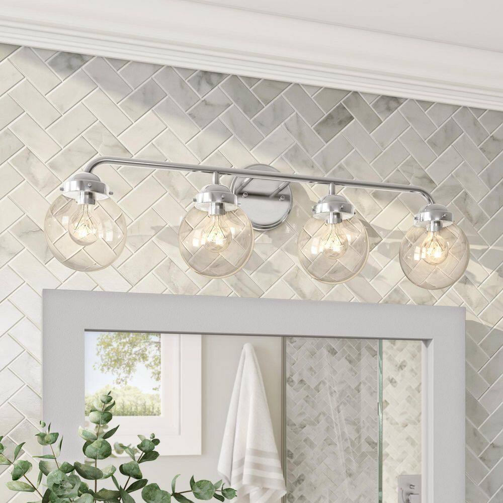 Knoll Retro Classic 4-Light Chrome Vanity Bath Light with Clear Glass Orbs