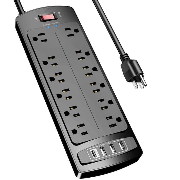 12-Outlet Power Strip Surge Protector with 6 ft. Cord, 4 USB-A Ports, 1 USB-C Port, 2700 Joules, ETL Listed, Black