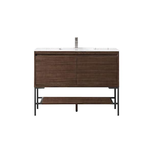James Martin Vanities Mantova 47.3 in. W x 18.1 in. D x 36 in. H Single Bathroom Vanity Mid-Century Walnut & Glossy White Composite Stone Top